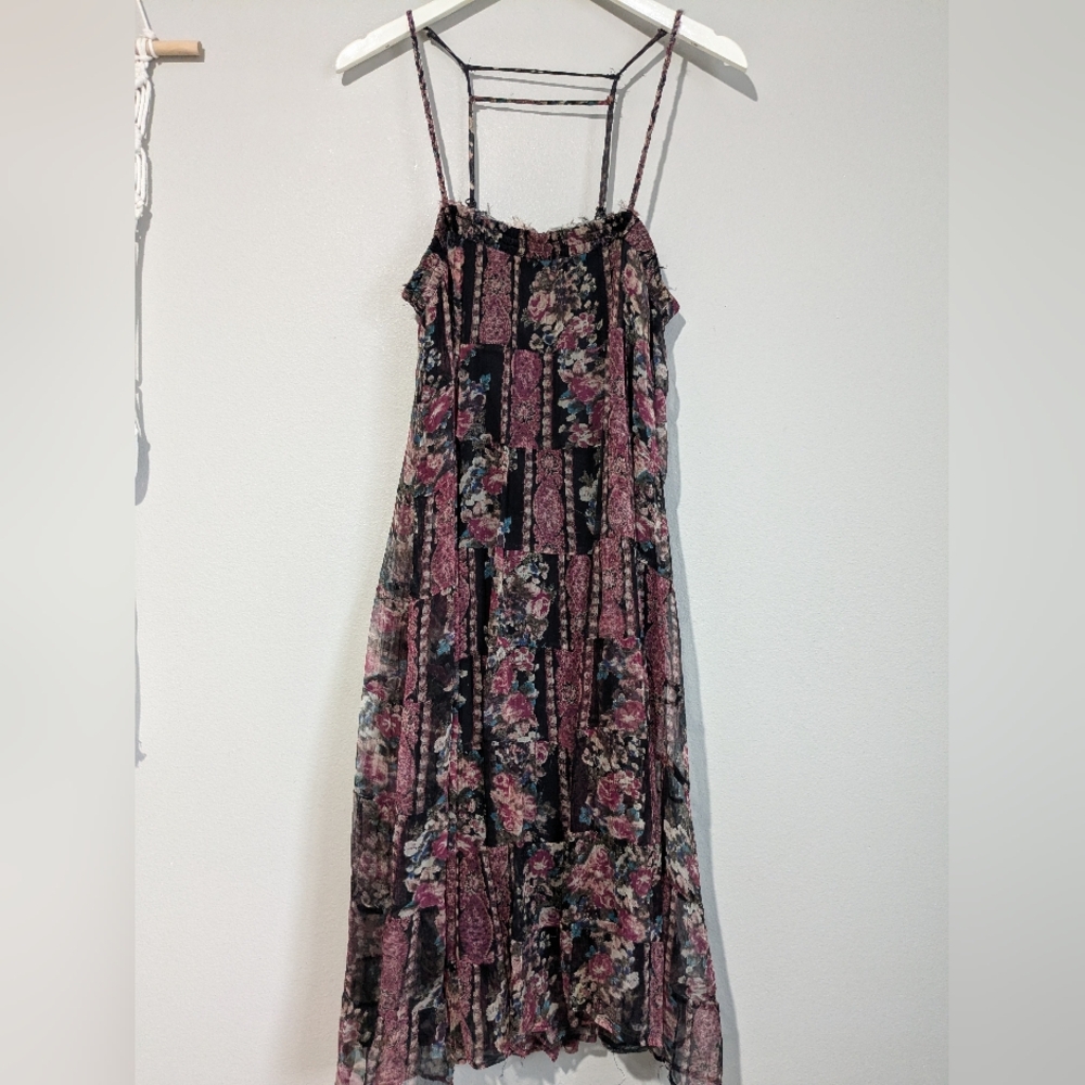 Free People Patchwork Floral Stripe Panel Tiered Strappy Midi Dress S